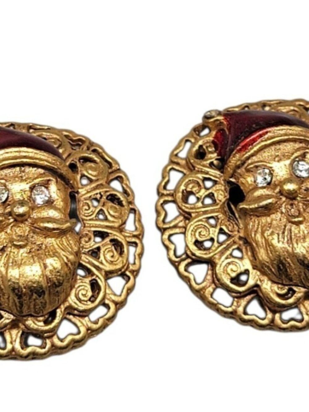 Don Lin Santa Clip On Earrings Vintage Rhinestone Eyes Red Enamel Hat Gold Tone - Picture 5 of 11